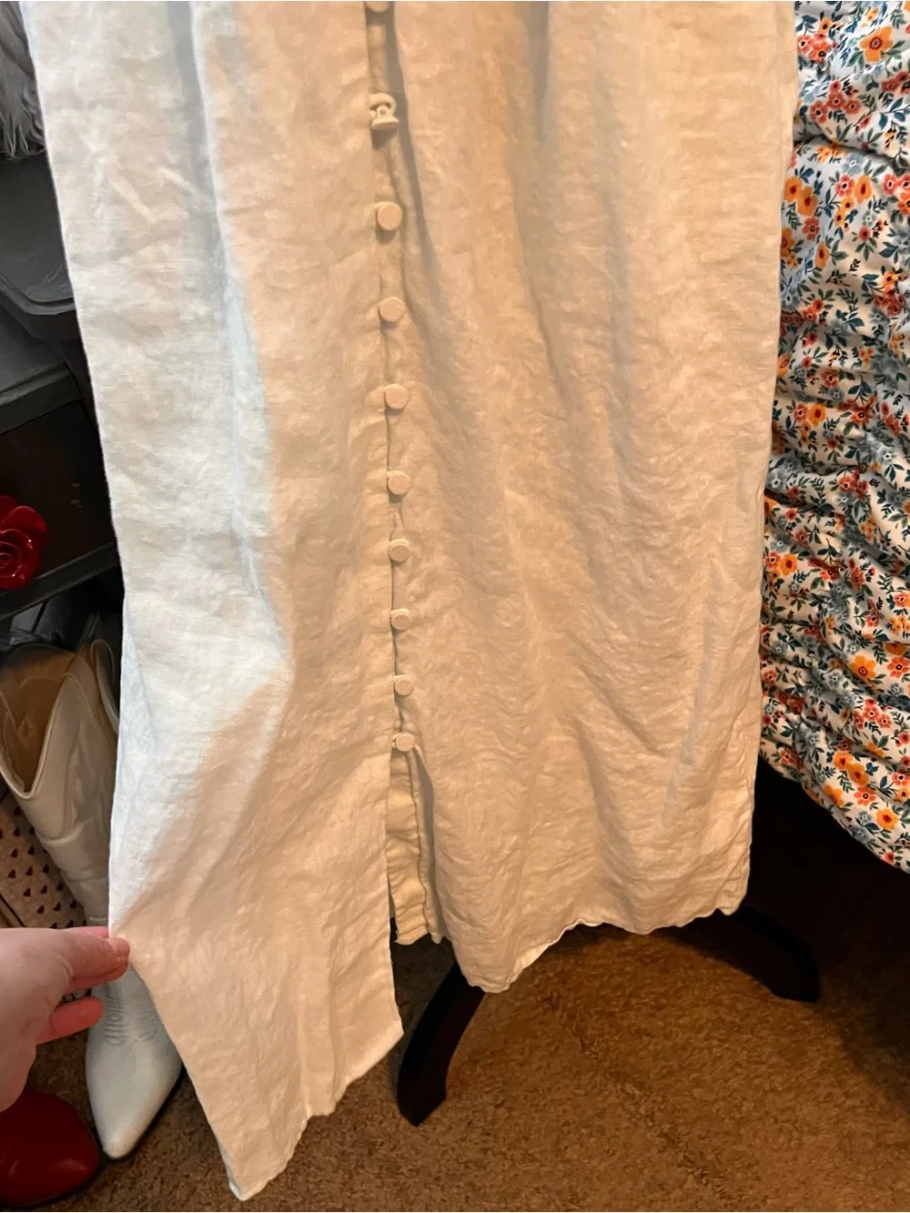 J. Crew White Linen Midi Dress with Blue Embroidered Trim